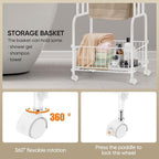 HAITRAL 3 Tiers Standing Towel Rack, 42" H Bathroom Towel Holder with Basket, 360 ° Rotating Casters with Lock, Freestanding Towel Rack for Bathroom, Laundry, Swimming Pool, Livingroom (White)