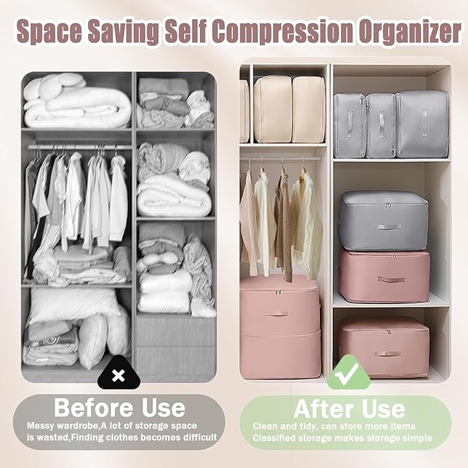 Space Saving Self Compression Organizer, 2025 New Ultra Space Saving Self Compression Organizer, Heavy Duty Moving Bags, Storage Tote for Space Saving (Beige, X-Large)