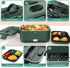Electric Lunch Box for Adults, 2.8L Double Layer 100W Fast Heated Lunch Box, Heating Food Heater Warmer for Home Office Car Truck Use, Extra Large Lonchera Electrica Portátil 12/24V/110-230V, Green