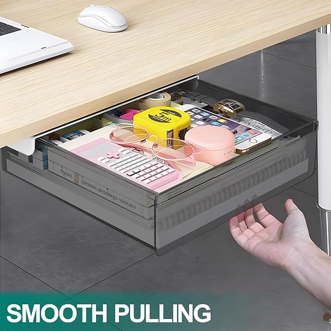 Large Under Desk Table Drawer Storage Organizer, Slide Out Drawer with 2 Desk Divider,Pencil Storage Self-Adhesive Tray Under Table (L/Clear Black+White)