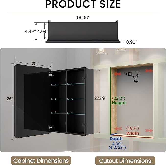 Medicine Cabinet 20x26 Inch, Black Aluminum Bathroom Mirror Cabinet with Storage, 6 Adjustable Glass Shelves, Rust Proof, Recessed or Surface Mount Wall Cabinet, Soft Close Hinge