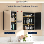 Keonjinn 24" x 30" Medicine Cabinets with Mirror for Bathroom, Brushed Nickel Recessed or Surface Wall-Mounted Aluminum Alloy Framed Beveled Mirror, Farmhouse Bathroom Mirror with Storage Cabinet