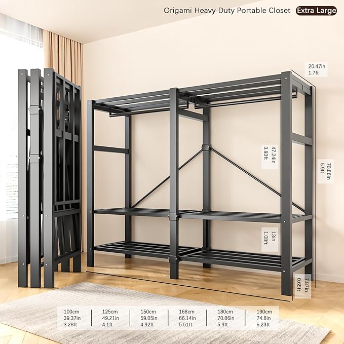 Heavy Duty Portable Closet with Cover Magnetic Doors, Metal Rolling Clothes Rack Heavy Duty 1500LBS, Foldable Clothing Rack, Garment Racks for Bedroom/ LivingRoom/ Rental (KT Woodgrain Gray, 66.14in)
