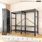 Heavy Duty Portable Closet with Cover Magnetic Doors, Metal Rolling Clothes Rack Heavy Duty 1500LBS, Foldable Clothing Rack, Garment Racks for Bedroom/ LivingRoom/ Rental (KT Woodgrain Gray, 66.14in)