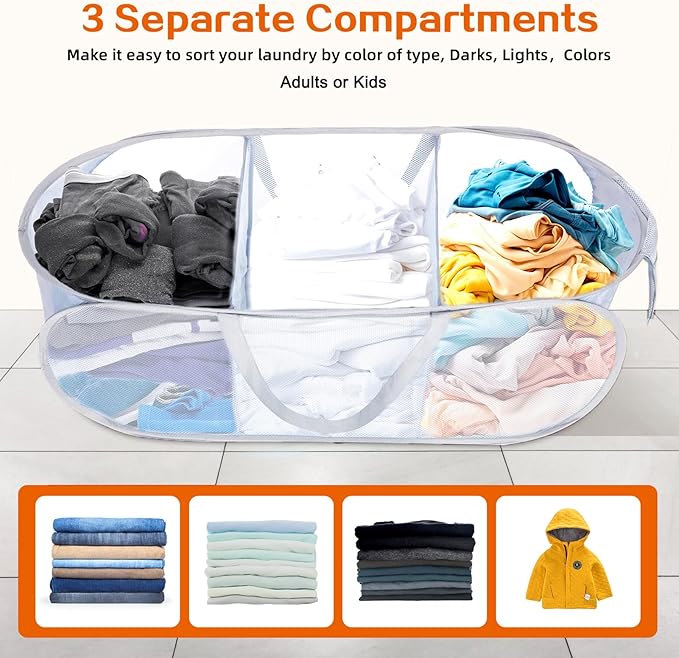 Durable Collapsible Foldable Mesh Pop Up Laundry Basket, 3 Compartments Easy to Carry & Sort Clothes Hampers for Home, Dorm, Travel White