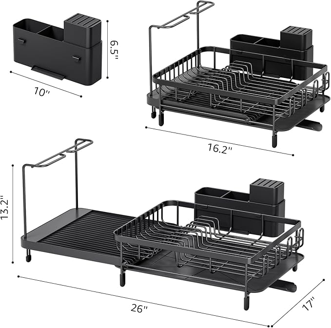 Large Dish Drying Rack – Expandable Dish Rack for Kitchen Counter, Multifunctional Dish Drainer with Cup & Wine Glass Holder, 16.2"-26" L x 17" W, Black