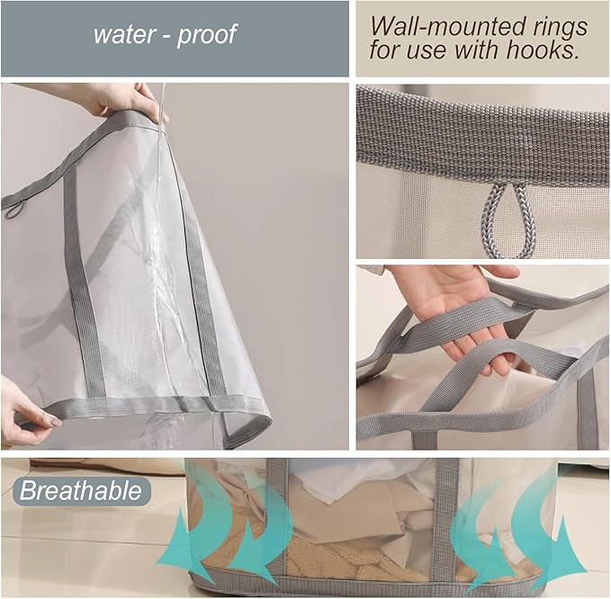 Mesh Bag with Handles, Collapsible Laundry Basket, Foldable Laundry Bag, Breathable Folding Beach Bag,Space-saving Travel Tote Bags (2, Blue&Pink)