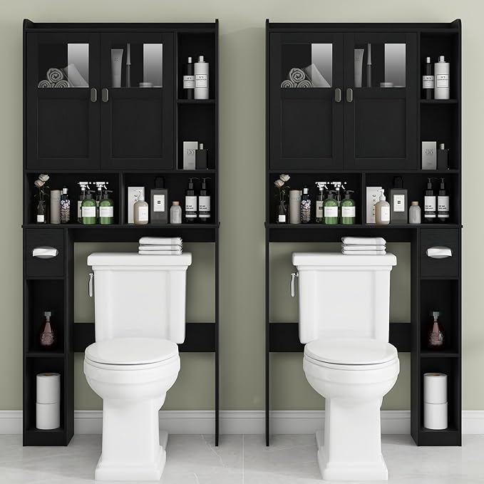 Vabches Over The Toilet Storage Cabinet, Bathroom Shelf Over Toilet with Glass Doors and Adjustable Shelves, Black Freestanding Home Space Save Toilet Rack, for Restroom, Bathroom, Laundry