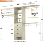 8FT Closet System, 96'' Closet Organizer System with 3 Hanging Rods, Wall Mount Bedroom Wardrobe with 3 Drawers Walk-in Closet, Adjustable Garment Rack from 5 to 8FT(Cut to Fit), White Oak