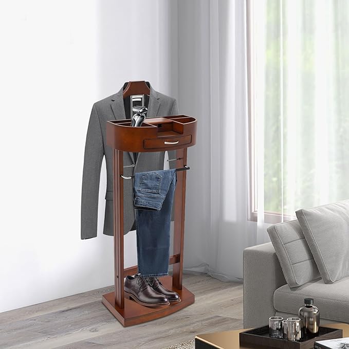 Wood Suit Rack Valet Stand for Men and Women, Freestanding Clothing Rack Organizer with Drawer & Base Vertical Suit Valet Stand for Hats, Bags, Clothes 22 lbs Capacity (Brown)