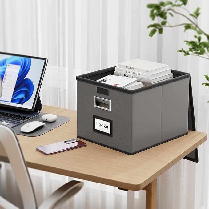 Huolewa Portable Leather File Organizer Boxes with Lids, Office Document Boxes Organizer, Filing Boxes, Decorative Small File Boxes for Hanging Files with Plastic Slide for Office/Decor/Home