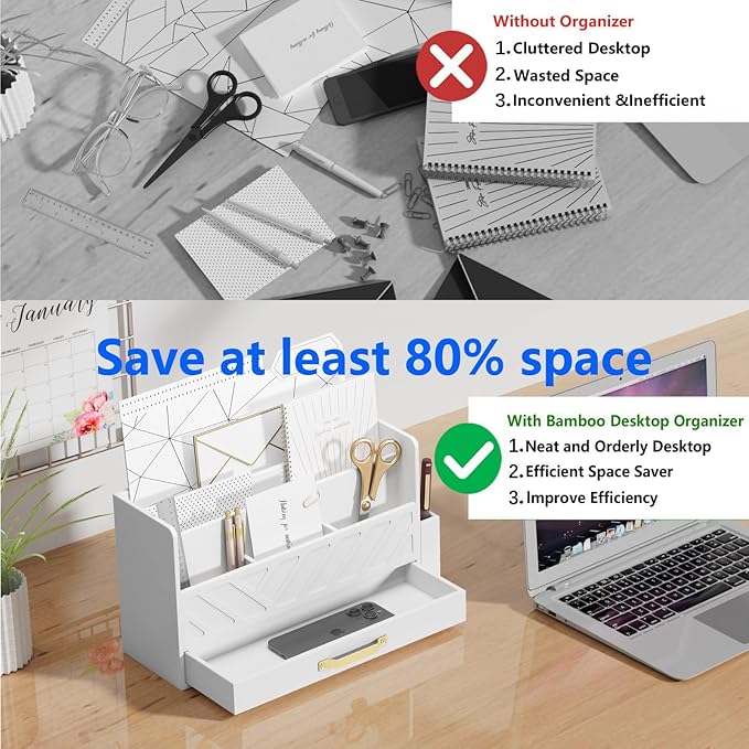 Bamboo Desk Organizer Mail Holder Countertop Wood Desk Drawer Tabletop Storage Box Pen Holder Letter Sorter Makeup Organizer for School Home Office Supplies with Pen Holder White