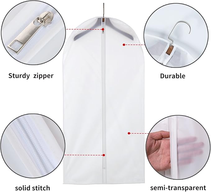 12 Pack Garment Bags for Hanging Clothes (24x48") - Dustproof Suit Bags - Durable PEVA Dress Covers with Sturdy Zipper for Coats, Jackets, Pants & Uniforms (Translucent)