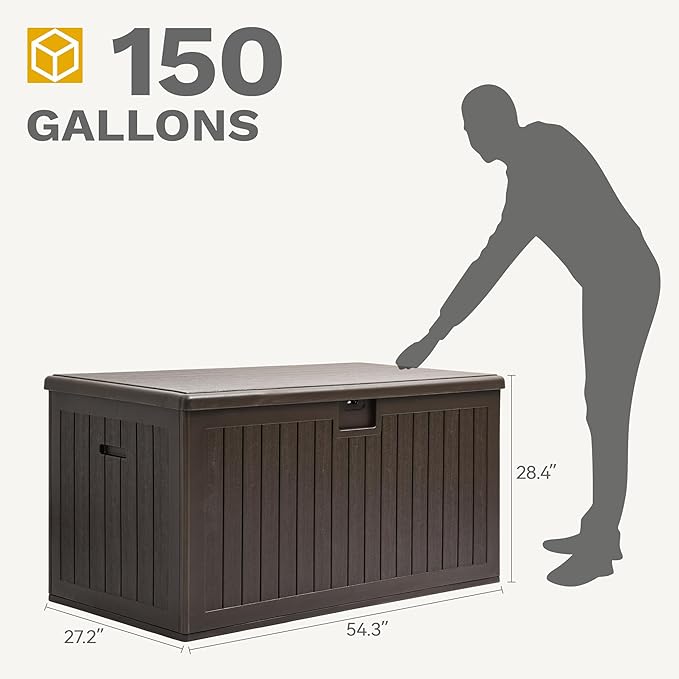 DWVO 150 Gallon Double-Wall Deck Box, XL Large Resin Outdoor Storage Box, Lockable & Waterproof, Double as Seating, 1000lbs Capacity (Brown)