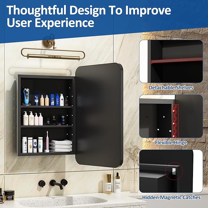 16x24 Inch Black Mirror Medicine Cabinet Metal Framed Recessed Wall Mounted Bathroom Medicine Cabinet with Mirror and Storage
