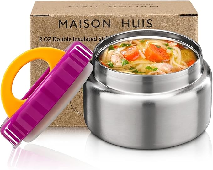 MAISON HUIS 8oz Soup Thermo Wide Mouth Vacuum Insulated Thermo Jar, Leak Proof Stainless Steel Food Container for Hot&Cold Food Kids Lunch Soup for School Travel (Purple)