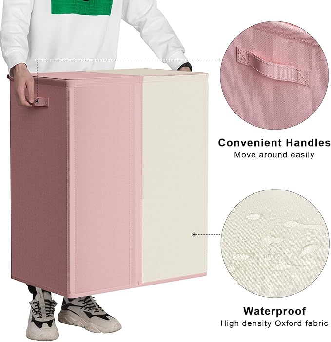 WOWLIVE Double Laundry Baseket with Lid and Removable Laundry Bags,154L Large Laundry Hamper 2 Section Collapsible Dirty Clothes Hamper for Laundry Room,College Dorm,Bathroom,Pink and Beige