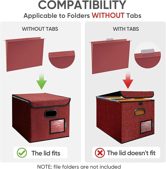 BALEINE File Organizer Box with Lid, Collapsible File Folder Organizer with Plastic Slide, Hanging File Folder Box for Office Document Storage (1 Pack, Red)