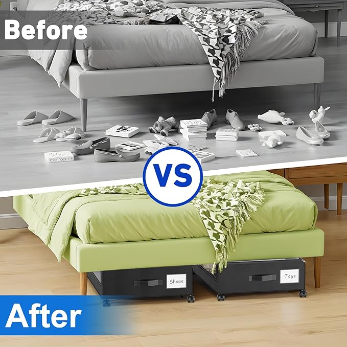 Beborxue Under Bed Storage with Wheels, 4-Pack UnderBed Storage Containers with Clear Lids, XXL 60L Under the Bed Storage Organizer Bins, Rolling Under Bed Metal Drawer for Clothes,Shoes,Toys (Black)