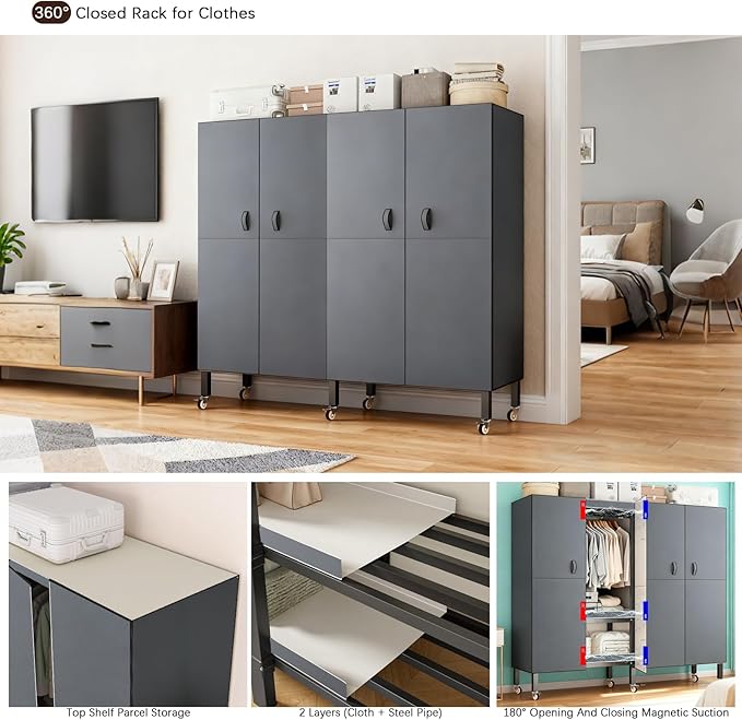 Heavy Duty Portable Closet with Cover Magnetic Doors, Metal Rolling Clothes Rack Heavy Duty 1500LBS, Foldable Clothing Rack, Garment Racks for Bedroom/LivingRoom/Rental (KT Grey, 74.8in)