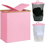 efluky Laundry Hamper with Lid, Double Laundry Hamper with 2 Removable Bags, 2 Section Laundry Basket with Bamboo Handles for Bathroom, Bedroom & Laundry Room (Pink, 140L Dual)