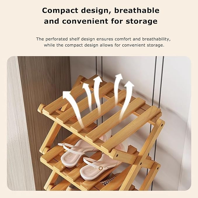 The 8-Tier No-Assembly Bamboo Rack, Bamboo Shoe Rack, Foldable Shoe Rack, Space Saving Collapsible Shelves for Entryway, Closet, Bathroom, Bamboo Shoe Rack, Foldable Shoe Rack (Brown, 8Tier)