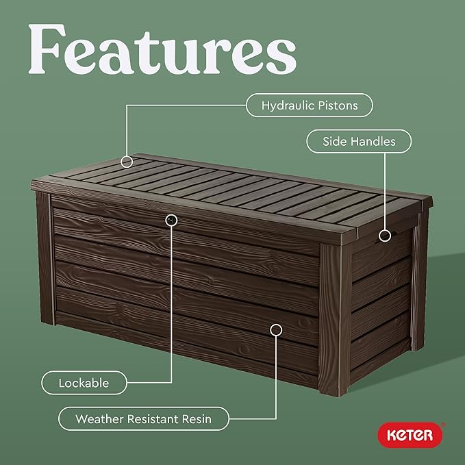 Keter Westwood 150 Gallon Deck Box Organizer, Doubles as 2-Person Bench Seat, Brown – Large Resin Outdoor Storage and Seating with Lockable Lid for Garden, Pool, and Patio