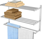 Towel Racks for Bathroom Wall 24 Inch, 3 Tier Bathroom Towel Shelf with Double Towel Bar, Stainless Steel Towel Rack with Towel Shelf, Towel Hanger Holder for Bathroom Towel Storage, Brushed Nickel