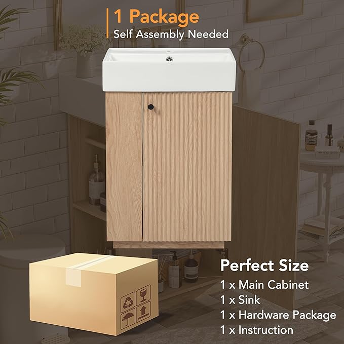 21.6" Small Fluted Bathroom Vanity with Sink,Soft Closing Doors and Storage Shelves,Natural Wood Single Bathroom Sink Cabinet Combo Freestanding, Natural Wood
