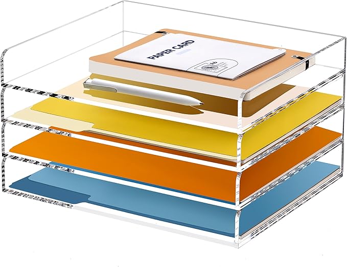 4 Tier Stackable Letter Tray, Acrylic Paper Organizer File Trays Paper Sorter, Clear Office Supplies Accessories for Letter/A4 Size Folders Documents 12.4inx8.86inx6.65in