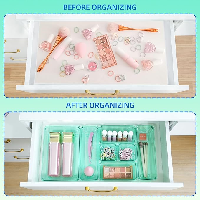 Kitchen Desk Drawer Organizers Storage for Office, Small Acrylic Vanity Trays Makeup for Drawer Bathroom Plastic Make up Organizers 25 Pcs Green