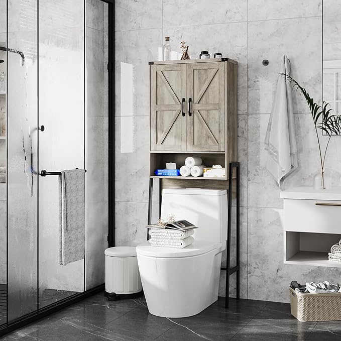 Vabches Over The Toilet Storage Cabinet with 2-Door Design Bathroom Organizers and Storage with Anti-Tip Device Over Toilet Organizer with Shelves for Bathroom,Restroom,Laundry Grey
