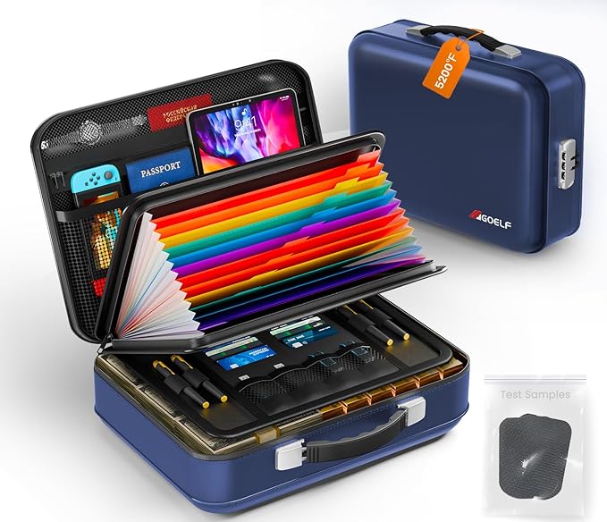 Fireproof Document Box with Lock, 5200°F Fireproof Water Resistant Hard Case File Organizer Safe Box for Important Documents, Certificates, Laptop, Passports (Blue)