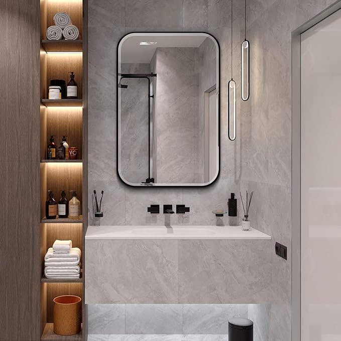 Fundin Plastic Black Medicine Cabinet, Beveled Edge Mirror Door with Round Corner Metal Frame, Recessed and Surface Mount Bathroom Medicine Cabinet, 16 x 24 inch Mirror Size