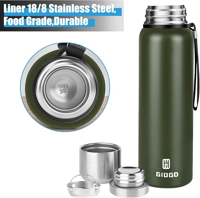 Insulated vacuum Thermo Bottle 1500ml/50.7oz with cup Stainless steel coffee bottles for hot and cold drink water flask.(Green,1500ml)