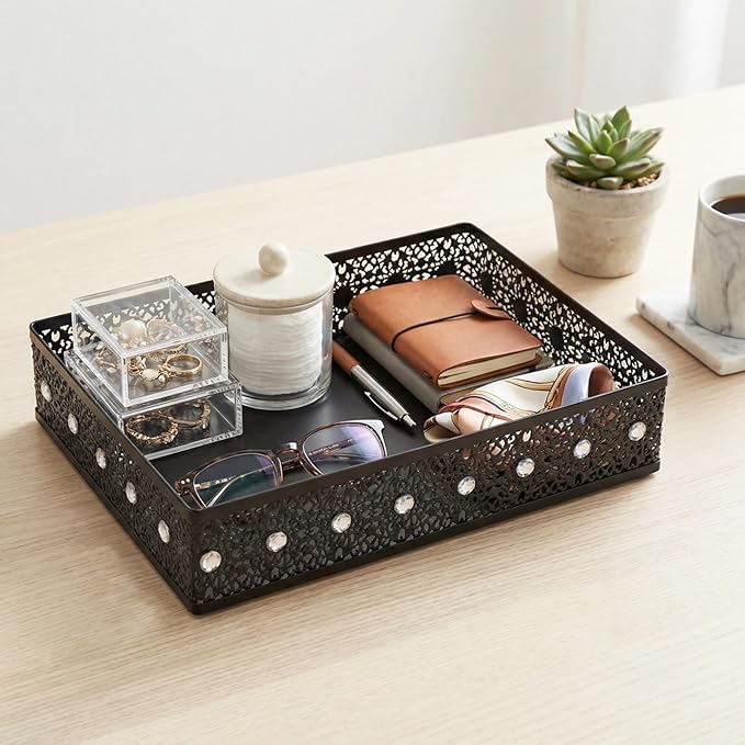 Desk Drawer Organizer, A4 Large Metal Mesh Desk Rrganizer Tray, Carved Hollow Floral Tray, Versatile Storage Box Set for Office Home Supplies,13x9x3 inches (Rhinestones,1 PC)