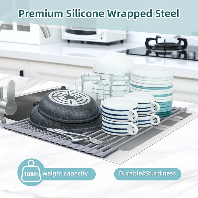 Ohuhu Dish Drying Rack Over The Sink, Roll Up Sink Rack 20.5" W x 13.1" L Rolling Dish Drainer Foldable Accessories Heat-Resistant Mat Anti-Slip Silicone Coated for Kitchen Counter