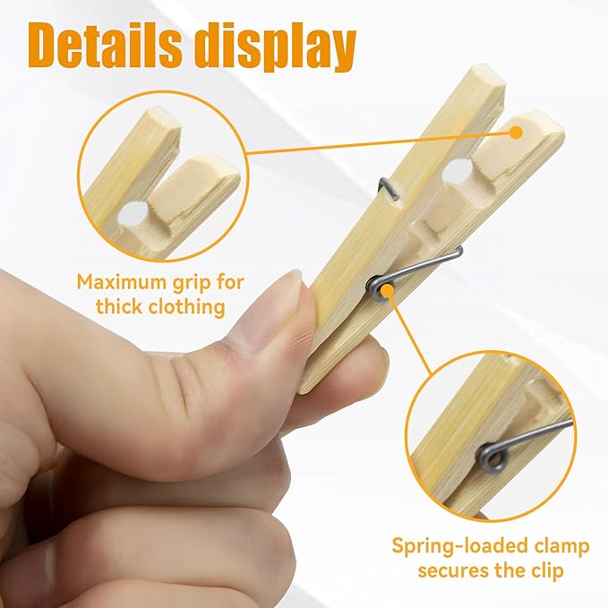 Natural Bamboo Clothespins 80-Pack Wooden Clothes Pins with Spring, 2.4 Inch Heavy Duty Rust Resistant Clips for Laundry, Crafts, Kitchen & Home Organization