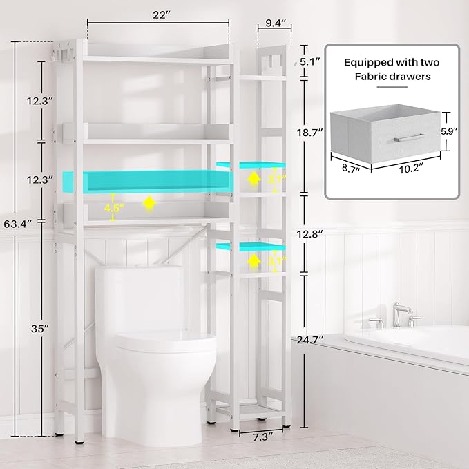 Over The Toilet Storage with 2 Drawers - 7 Tier Bathroom Organizer with Adjustable Shelf, Freestanding Space Saver Storage Rack Above Toilet Stand with 4 Hooks for Restroom, Laundry, White