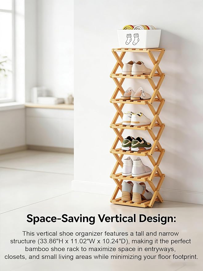 The 9-Tier No-Assembly Bamboo Rack, New Upgrade 9 Tier Bamboo Shoe Rack, Space-Saving Tall Narrow Accordion Shoe Rack for Entryway Closet Dorm (Brown-4)