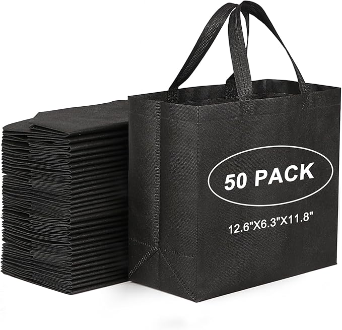 JERIA Black Reusable Totes Bag with Reinforced Handles Non Woven Bulk Shopping Bags