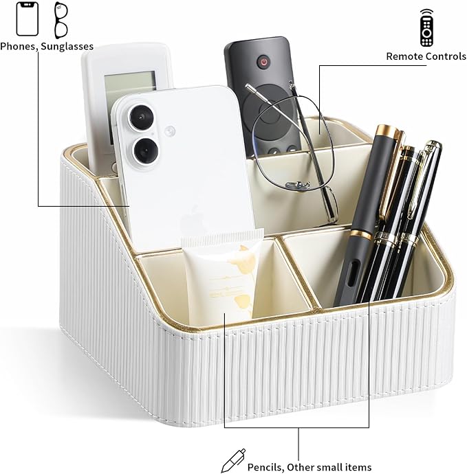 Remote Control Holder with 4 Compartments, PU Leather Small Nightstand Organizer for Home Desk Accessories Office Supplies, Multifunctional Stylish Small Bedside Desktop Organizers (White)