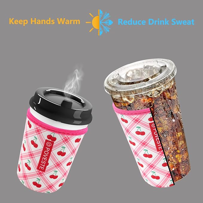 Reusable Neoprene Insulator Sleeve for Iced Coffee & Cold Soda, Coffee Sleeves for Iced & Hot Drinks, Cold Beverage Cooler Compatible with Starbucks, Dunkin (Cherry World, Large: 32oz)