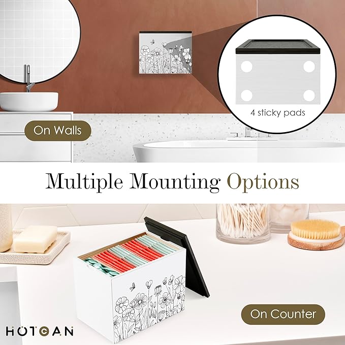 Discreet Tampon Holder for Bathroom with Vanity Tray Lid, Tampon Organizer for bathroom for Wall or Countertop Mount, Wood Pad Dispenser, Feminine Product Organizer (Floral)