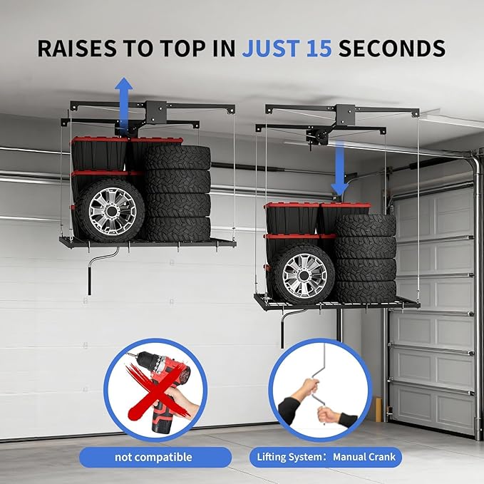 4x4 FT Overhead Garage Ceiling Storage Rack, 350 LBS Heavy-Duty Lift Elevator System with Smooth Hand Crank, Space-Saving Hoist Organization for Bins, Tools & Seasonal Gear