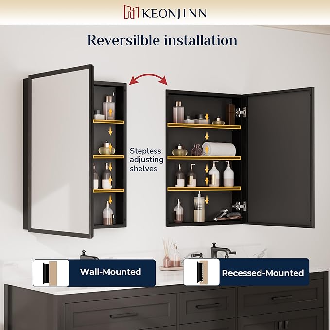 Keonjinn Medicine Cabinet Mirror 40" x 32", Assembly Needed, Black Medicine Cabinet with Mirror for Bathroom, Beveled Framed, Stepless Adjustable Shelves, Wall-Mounted or Recessed, Tempered Glass