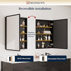 Keonjinn Medicine Cabinet Mirror 40" x 32", Assembly Needed, Black Medicine Cabinet with Mirror for Bathroom, Beveled Framed, Stepless Adjustable Shelves, Wall-Mounted or Recessed, Tempered Glass