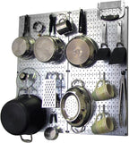 Wall Control Kitchen Pegboard Organizer Pots and Pans Storage Rack Organization Kit with Metallic Silver Pegboard and White Accessories