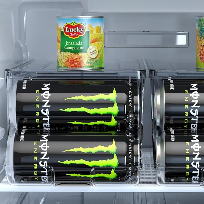 2 Pack Tall Skinny Can Organizer for Refrigerator, Stackable Large Soda Cans of 16oz & 17oz Beverage Energy Drink Container Holder Dispenser with Lid for Fridge, Clear Storage Plastic Bins