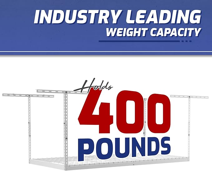 SafeRacks – 2x8 Overhead Garage Storage Rack - Height Adjustable Steel Overhead Storage Rack - 400 Pound Weight Capacity (White, 12"-21")